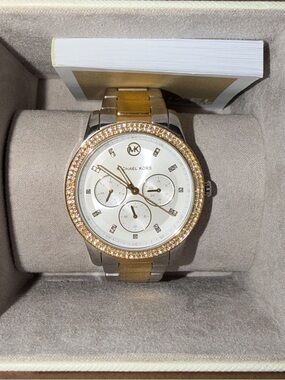 Michael Kors Two-Tone Silver and Gold Crystal Bezel Chronograph Watch
